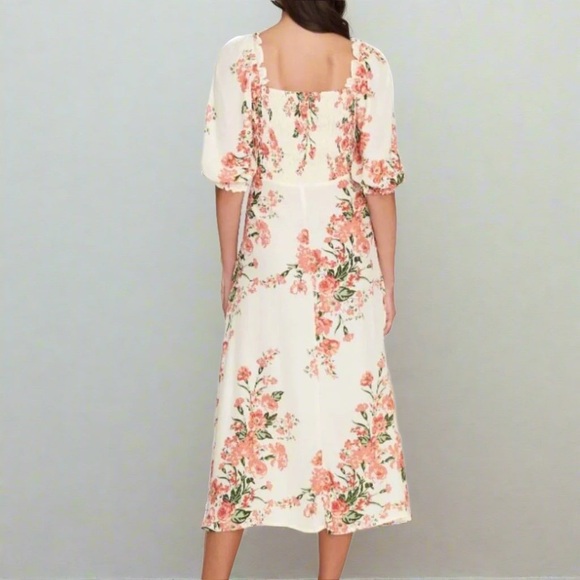 Faithfull the Brand Floral Puff Sleeve Light Butter Yellow Pink Midi Dress US 8 - Picture 3 of 15